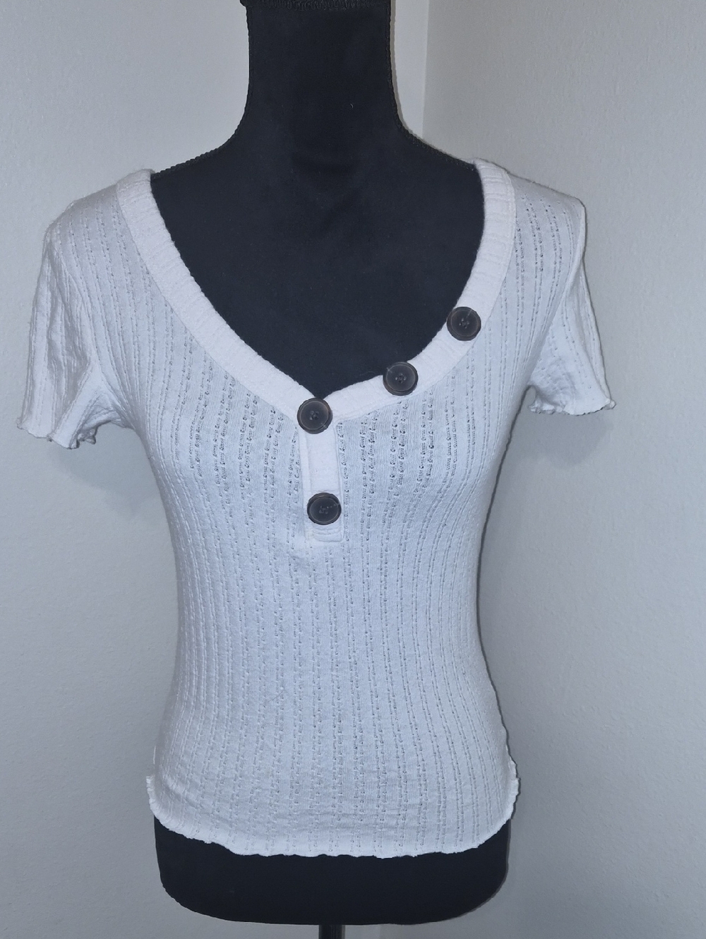 American Eagle Outfitters White Ribbed Short-Sleeve Henley with Dark Buttons